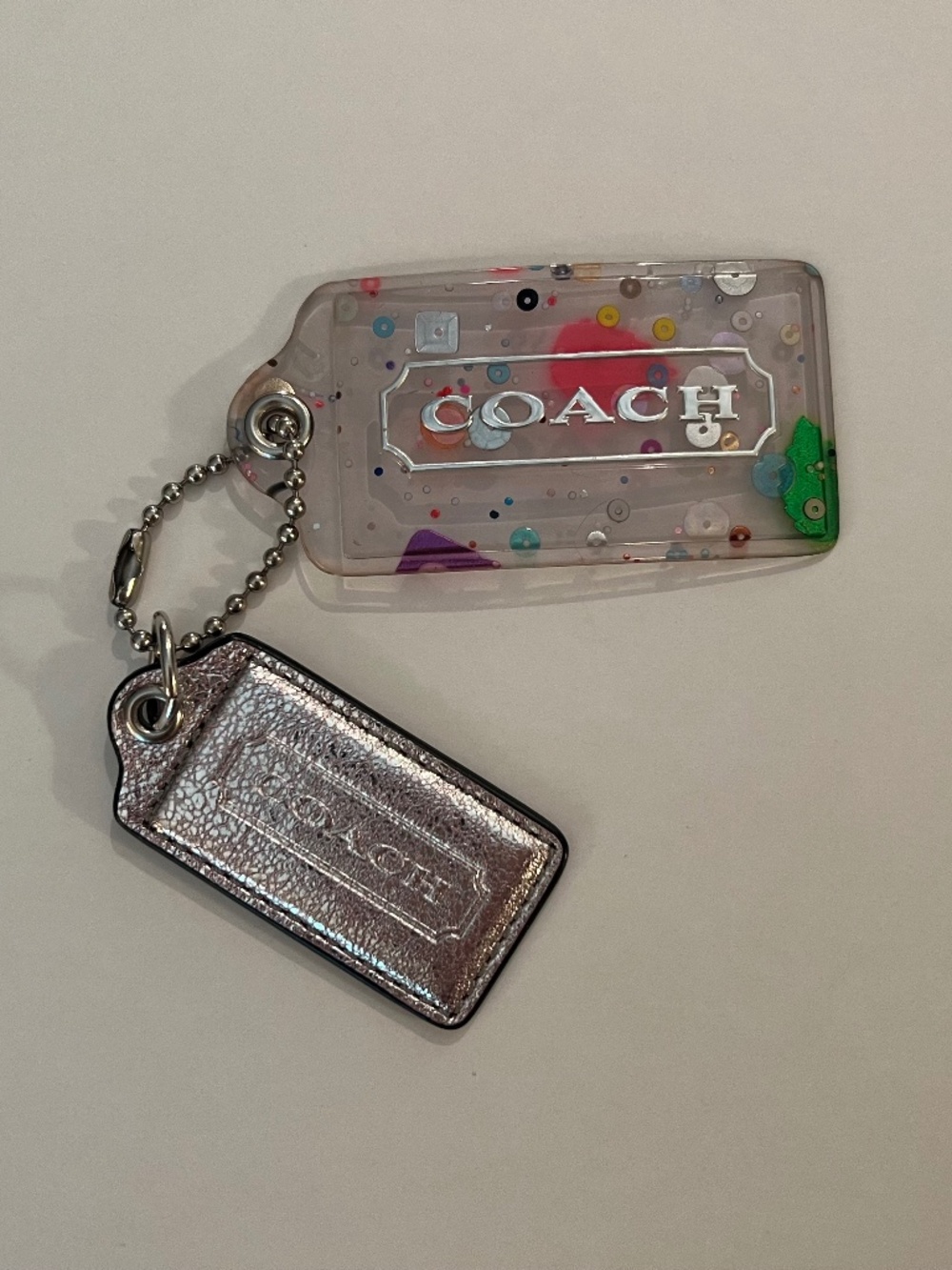 Coach Confetti Hang Tag with Larger Size Metallic Leather Coach Tag